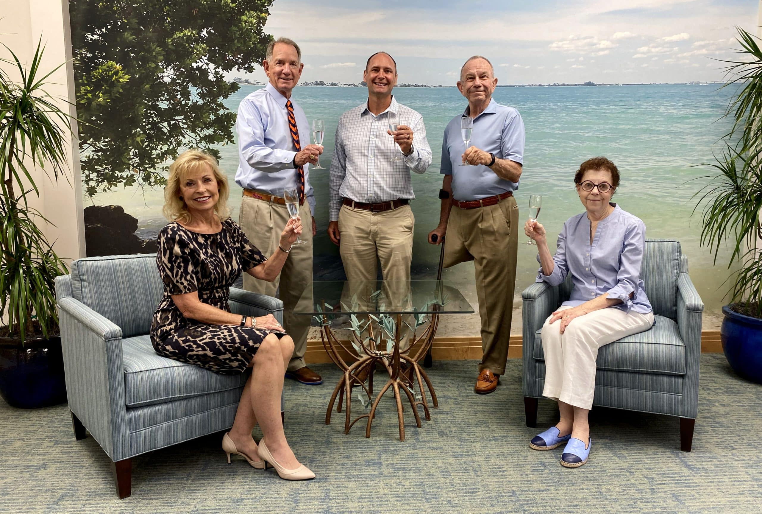 : L to R, Bank of the Islands President Robbie Roepstorff, CEO Geoff Roepstorff, SCCF CEO James Evans, and Wines in the Wild co-founders Tom and Linda Uhler raise a glass to the upcoming 2023 event.