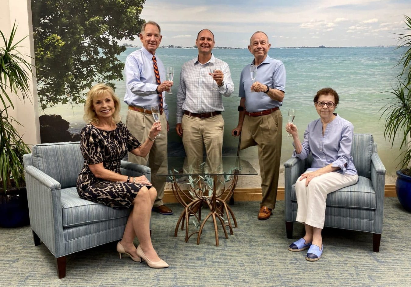 : L to R, Bank of the Islands President Robbie Roepstorff, CEO Geoff Roepstorff, SCCF CEO James Evans, and Wines in the Wild co-founders Tom and Linda Uhler raise a glass to the upcoming 2023 event.